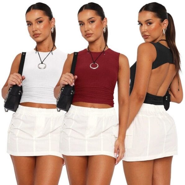 2025 Women's Solid Sexy Backless Round Neck Crop Top Short Sleeve Casual T-Shirt