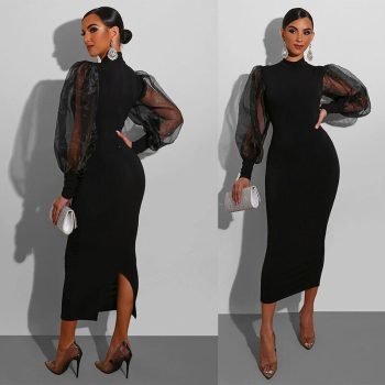 Elegant Women's Black Mesh Puff Long Sleeves High Waist Bodycon Party Long Dress
