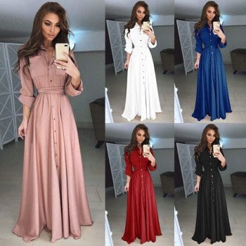 Elegant Women's Plus Size Chiffon Collared V-neck Button A-line Shirt Maxi Dress