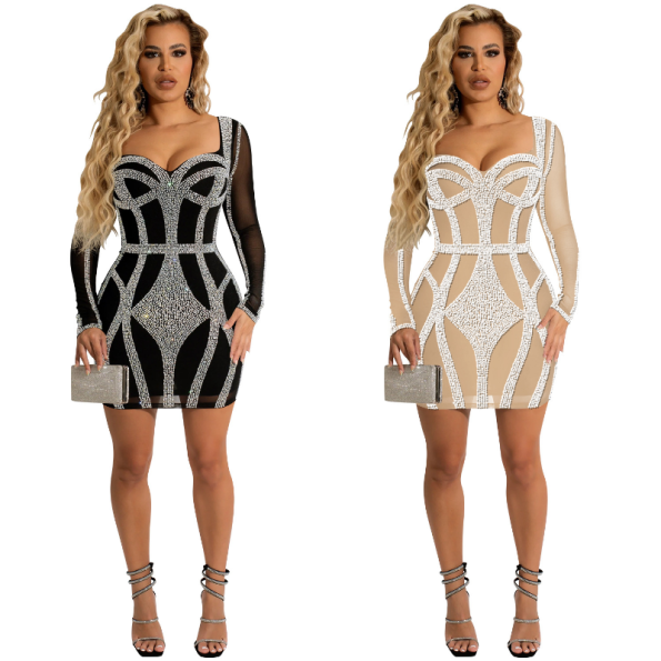 Fashion Lady Long Sleeve Rhinestone Mesh See-through Bodycon Mini Dress Clubwear