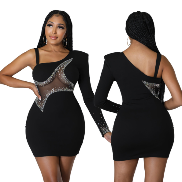 Fashion Women One-shoulder Mesh See-through Hollow Bust Bodycon Party Mini Dress