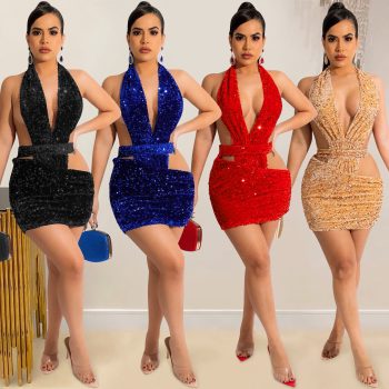 Fashion Women Sexy Halter Deep V-neck Sequins Bodycon Party Mini Dress Club-wear