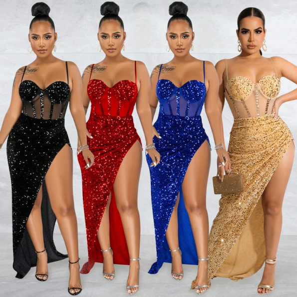 Fashion Women's Mesh See-through Irregular Slit Sequins Suspenders Party Dress