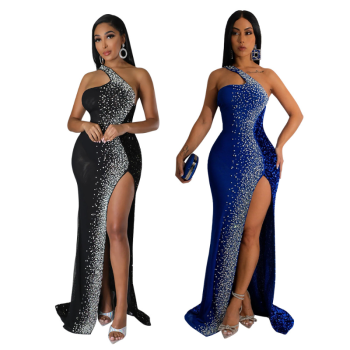 Fashion Women's One-shoulder Rhinestone High Side Slit Maxi Evening Party Dress