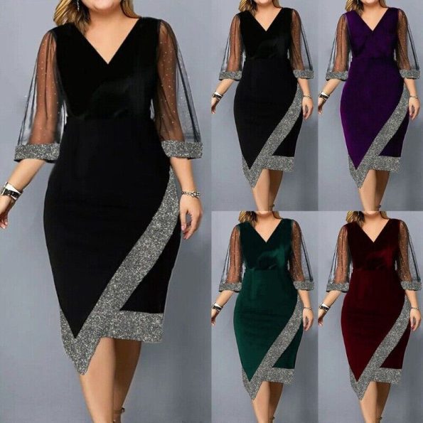 M-5XL Plus Size Women Mesh Midi Dress Ladies Evening Cocktail Party Gown Vestido