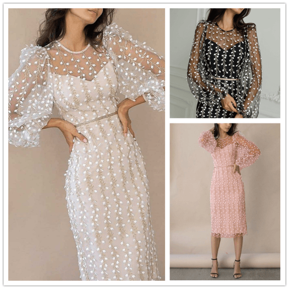 New Fashion Women's Embroidered Lace Mesh See-through Patchwork Party Midi Dress