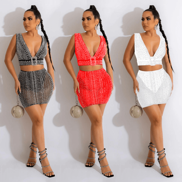 New Womens Ladies Sexy V-neck Rhinestone Vest Tops and Skirt Set Two-piece Dress