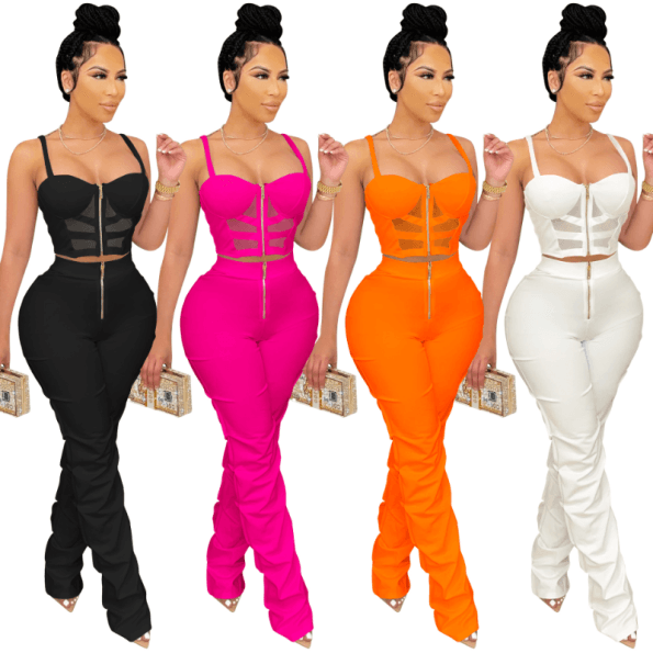 New Women's Sexy Sling Zip Vest Tops and Long Pants Set Outfits 2-piece Jumpsuit