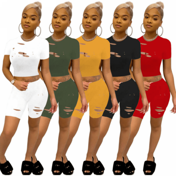 New Women's Solid Casual Short Sleeve O-neck Ripped T-shirts Shorts Set Jumpsuit