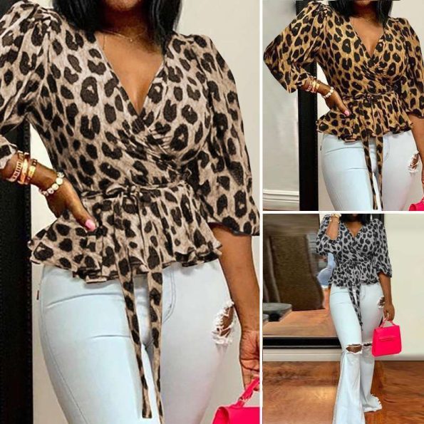 S-5XL Plus Size Women's Long Sleeve V-neck Loose Leopard Print Blouse Party Tops