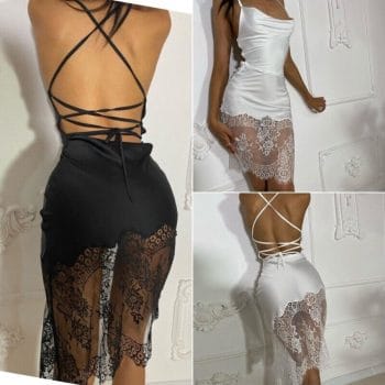 Sexy Patchwork Lace Dress 2024 Spring Summer Lace-up Backless Club Party Dresses