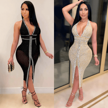 Sexy Women's V-neck Backless Mesh See-through Rhinestone Bodycon Nightclub Dress