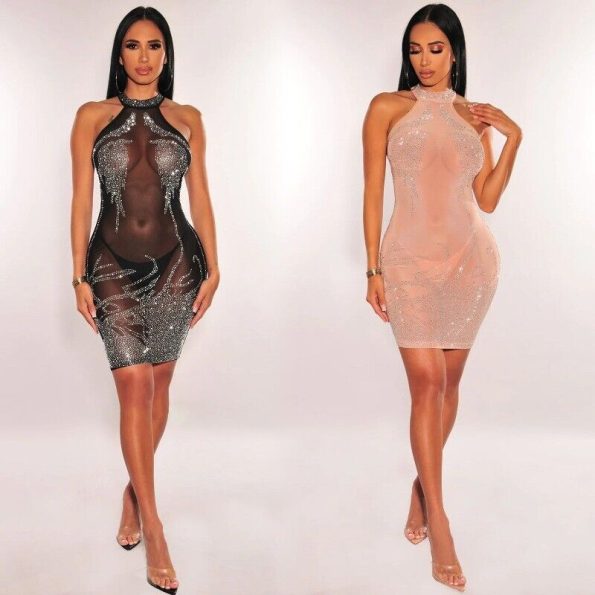 Sexy Women¡¯s Halter Neck Rhinestone Mesh Sheer Mini Dress Bodycon Party Clubwear