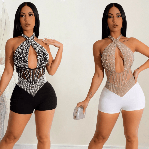 Stylish New Womens Low Cut Cross Mesh Rhinestone Halter Patchwork Short Jumpsuit