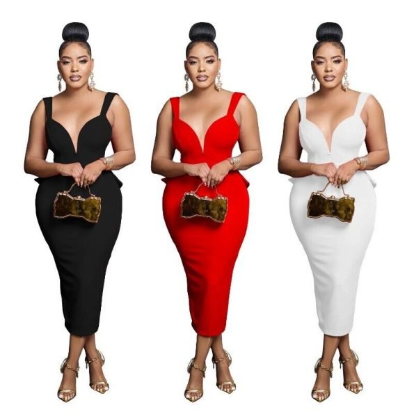 Stylish Womens Solid Color V-neck Sexy Backless Strap Bodycon Midi Dress Vestido