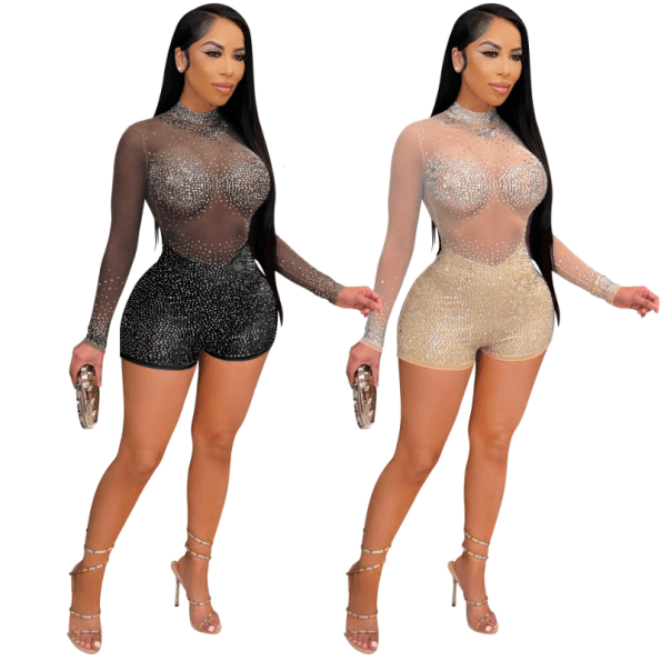 Women Long Sleeves Rhinestone Sexy Mesh See-through Short Pants 1-piece Jumpsuit