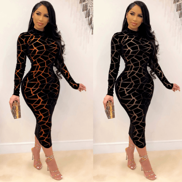 Women Long Sleeves Sexy Mesh See-through Bodycon Print Party Midi Dress Clubwear