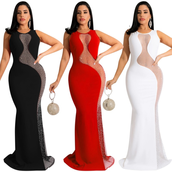 Women's Backless Mesh See-through Rhinestone Patchwork Long Party Evening Dress