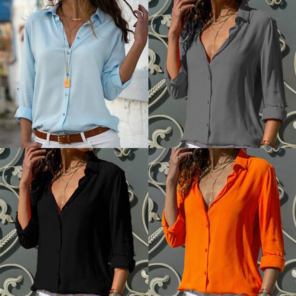 Womens Casual Chiffon Button Down Shirt/Blouse Plus Size Long Sleeve V-neck Tops