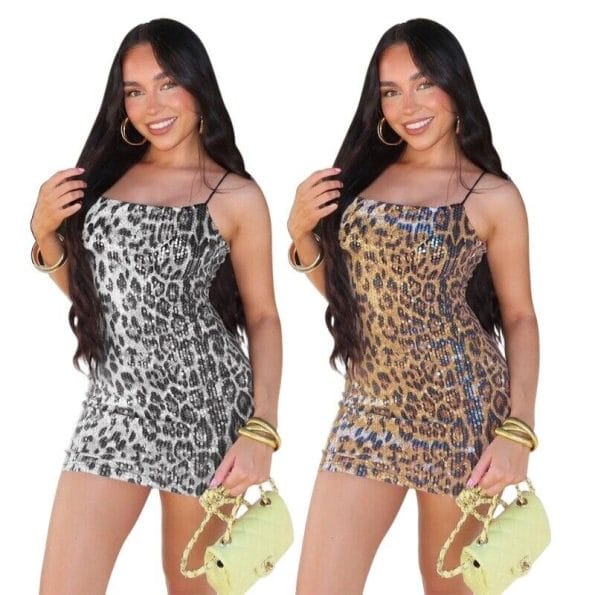 Womens Fashion Sexy Clubwear Sequin Cami Leopard Print Bodycon Dress with Lining