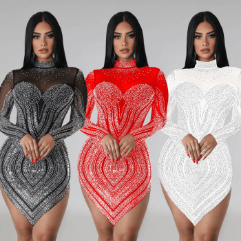 Womens Long Sleeve Mesh See-through Rhinestone Irregular Formal Party Dress Gown