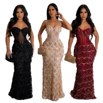 Women's Sequined Party Maxi Dress Fashion Spaghetti Strap Slim Sexy Evening Gown