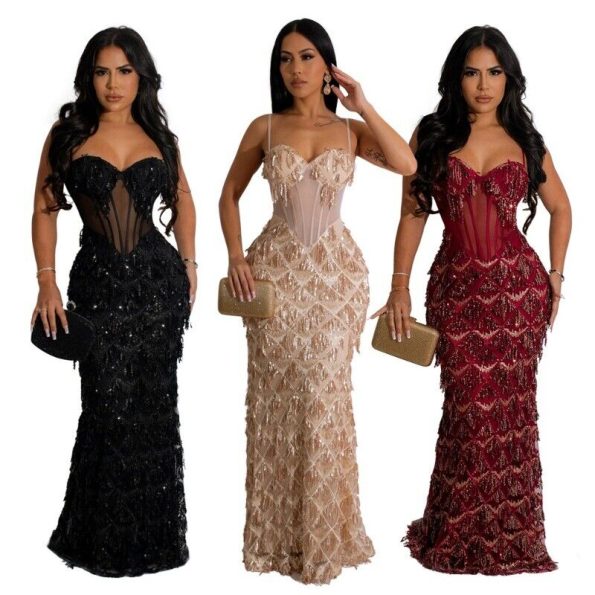 Women's Sequined Party Maxi Dress Fashion Spaghetti Strap Slim Sexy Evening Gown