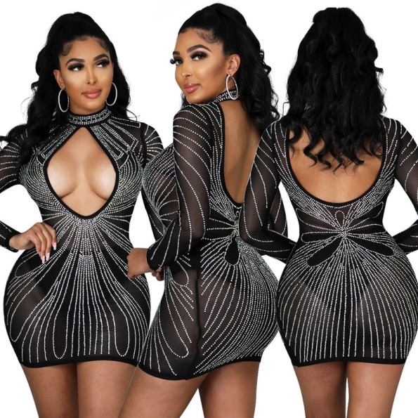 Women's Sexy Bodycon Mesh See-through Rhinestone Cutout Sheath Nightclub Dress