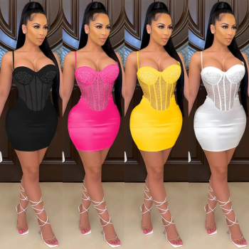 Womens Sexy Rhinestone Mesh Spaghetti Straps Bodycon Dress Nightclub Party Dress
