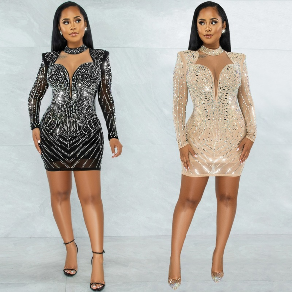 Women's Sexy V-neck Rhinestone Mesh See-through Bodycon Nightclub Party Dress