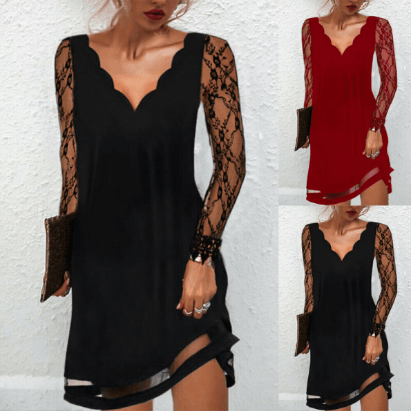 ?Women's V-neck Long Sleeves Lace Dress Ladies Evening Cocktail Party Mini Dress